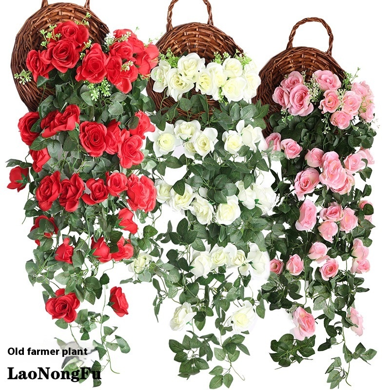 Simulation Rose Vine Wall Hanging Fake Flower Rattan Living Room Wall Decoration Green Plant Ceiling Indoor Pipe Wall Hanging Flower Art