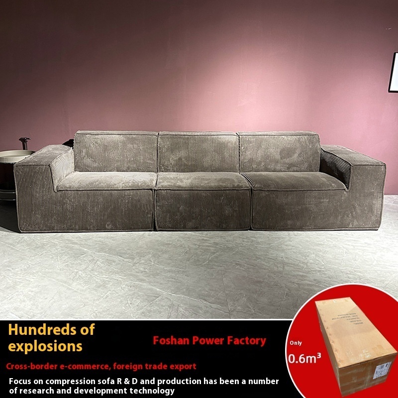 Modern Simple Tofu Block Sofa Corduroy Antique Style Straight Vacuum Compression Roll Package Big Black Cow Fabric Sofa
