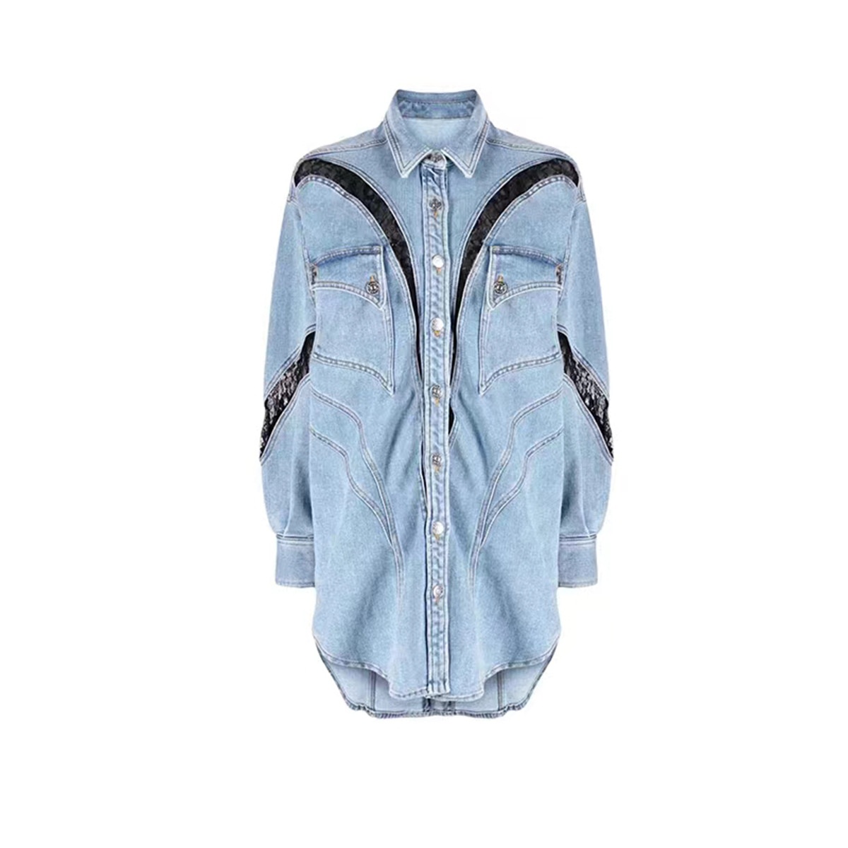 Three-dimensional Segmented Shirt, Lace-trimmed Color-blocked Oversized Shirt-style Denim Jacket