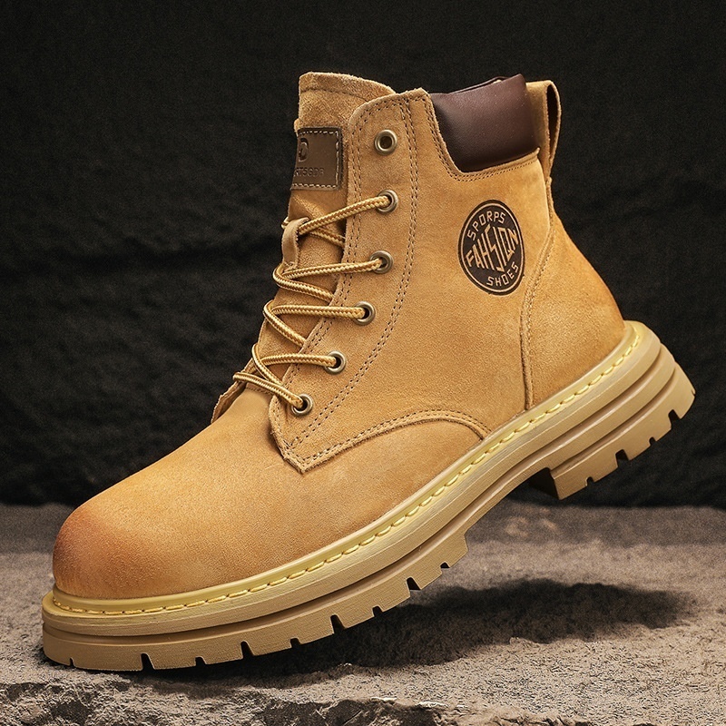 Martin Boots Men's Autumn High-top British Style Retro Yellow Boots Real Leather Waterproof Kick-resistant Mid-top Work Boots