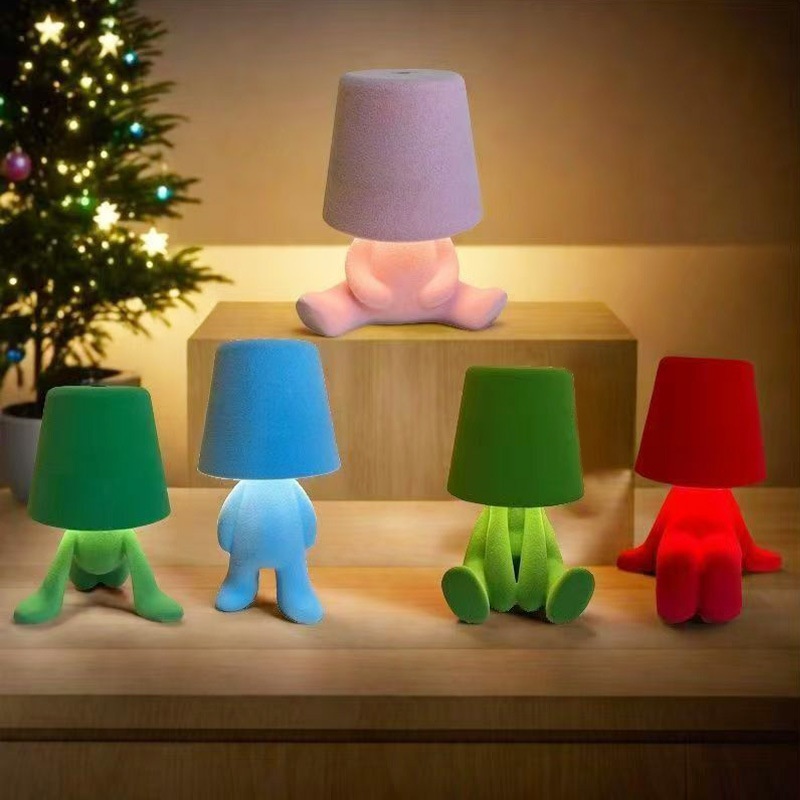 L Doll Flocking Table Lamp Bedroom Bedside Night Light USB Charging Touch Three-color Light Macaron Color