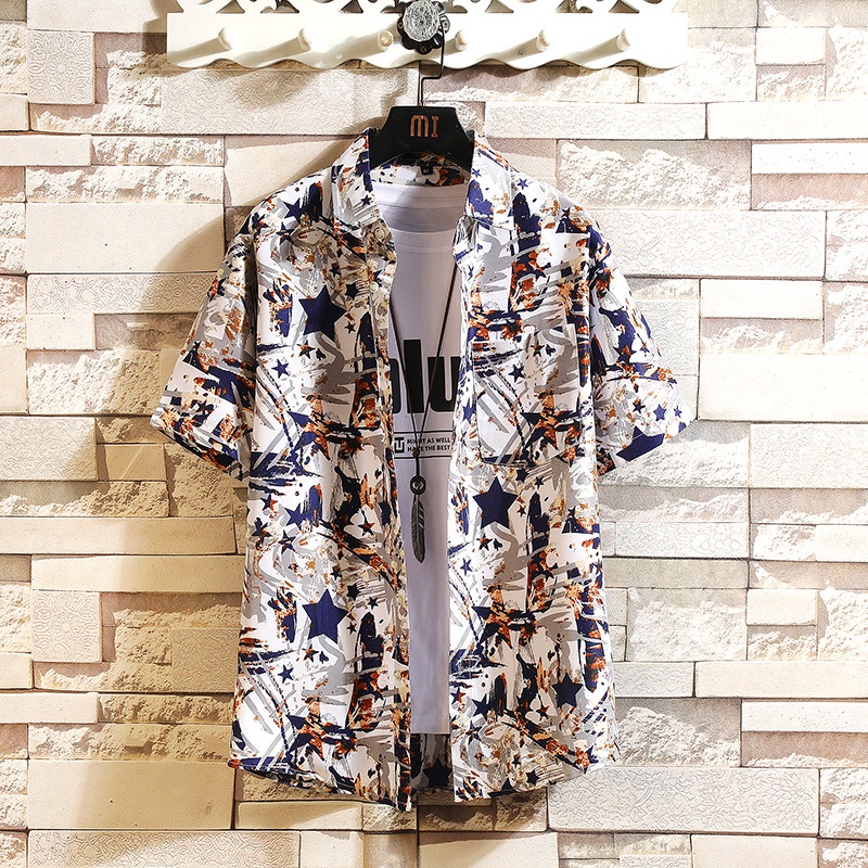 Casual Large Size Floral Loose Young Men's Lapel Thin Retro Personality Short-sleeved Shirt