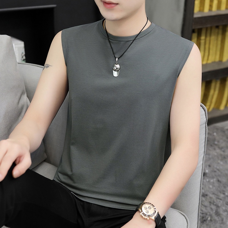Modal Ice Silk Vest Men's Summer Thin Loose Waistcoat Sleeveless T-shirt Sports Fitness Wide Shoulder Outer Wear