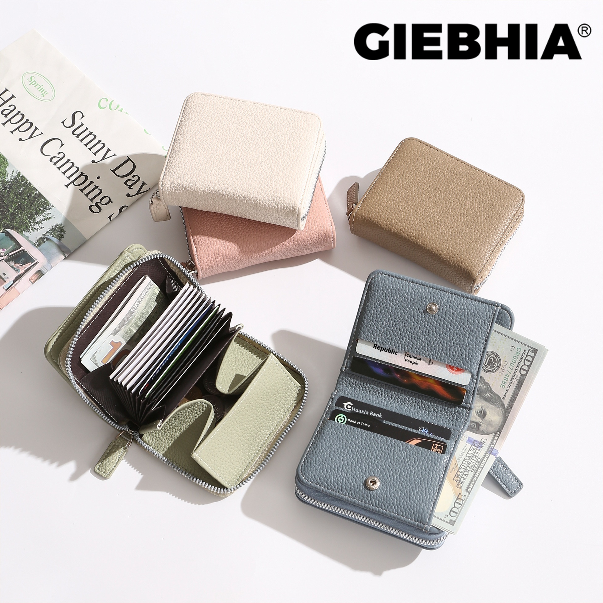Giebhia Leather Texture Snap Organ Card Holder Japanese Style Coin Slot Multi-Functional Card Holder Wallet