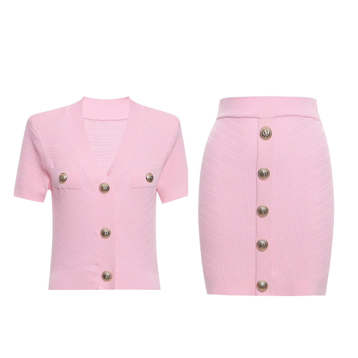 B Brand Summer Style Small Fragrance Metal Buckle Slim Fit Versatile Knitted Short-Sleeved Top + Skirt Two-Piece Set