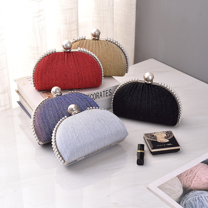 Pearl Evening Bag Black Pleated Evening Bag High-end All-match Handbag