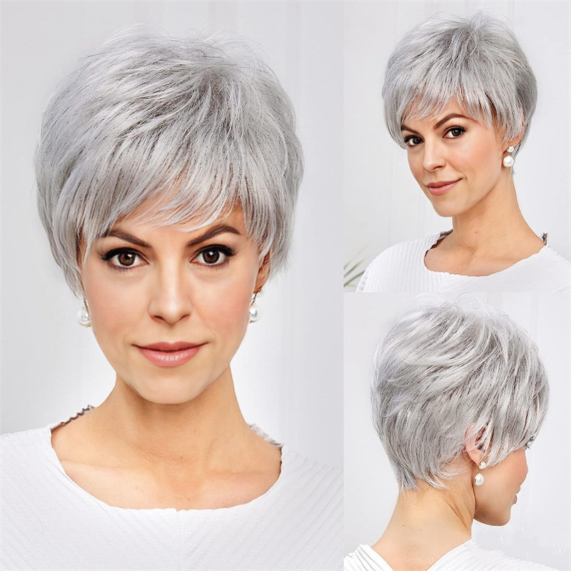 European And American Wig Oblique Bangs Silver White Micro-curly Short Straight Hair Chemical Fiber Wig In Stock