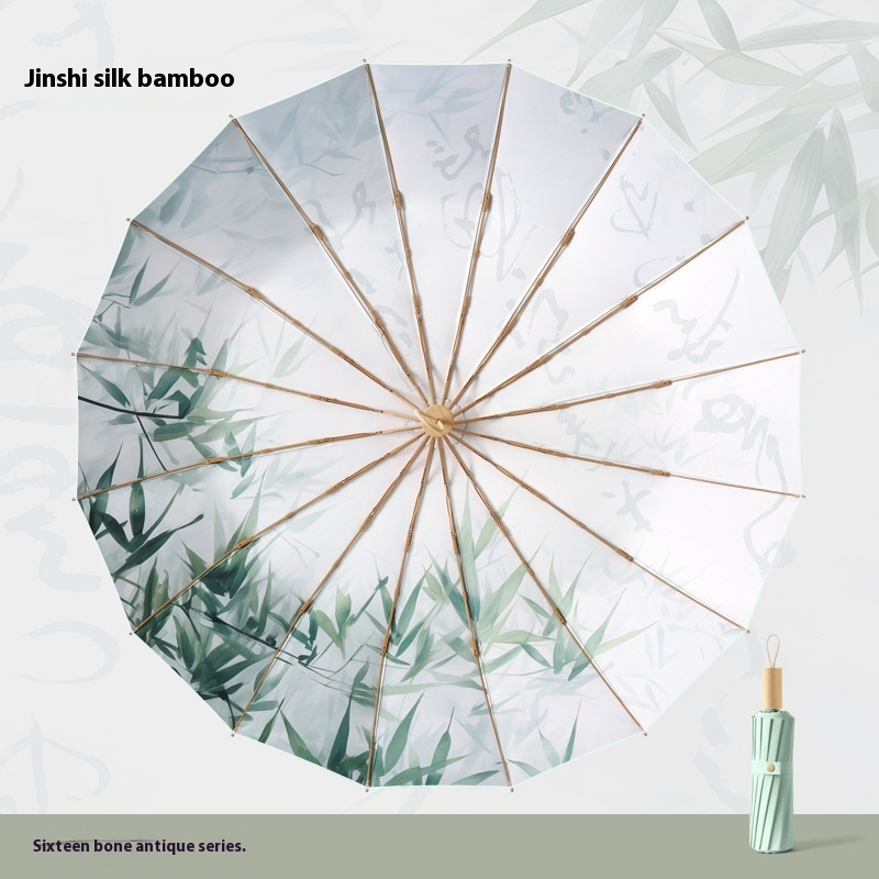 Three-fold16-rib National Style Colored Glue Digital Folding Sunny And Rainy Umbrella For Women Sun Protection And UVProtection High Value Sun Umbrella