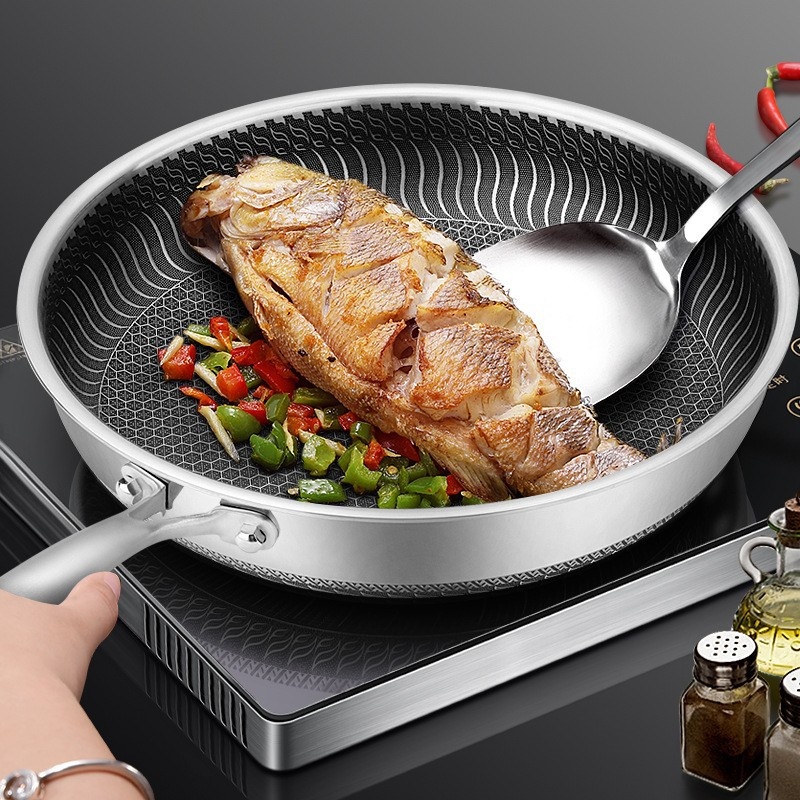 Stainless Steel Frying Pan With Lid, No Oil Smoke, Non-stick Pan, Household Uncoated Universal Steak Frying Pan