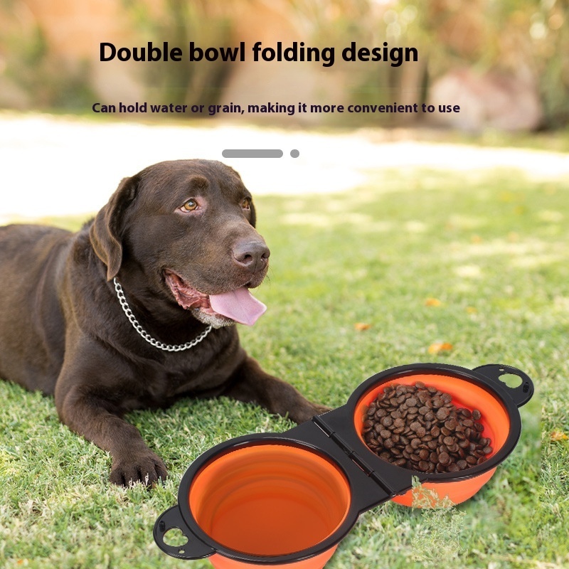 Pet Folding Bowl Dog Rice Bowl Portable One-piece Out Folding Double Bowl Outdoor Dog Basin Pet Supplies