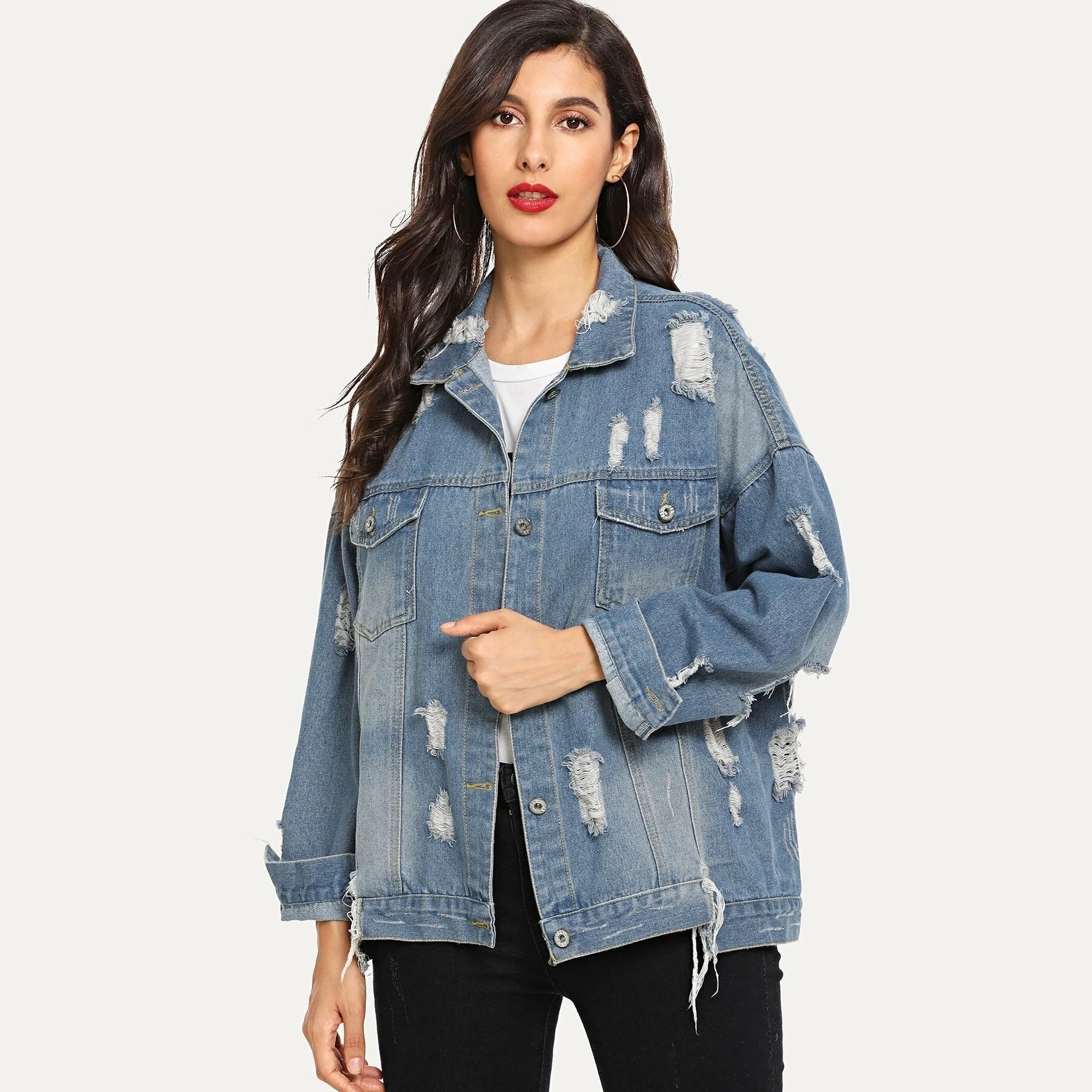 S097#European And American Casual Ripped Denim Jacket Style Old Denim Jacket