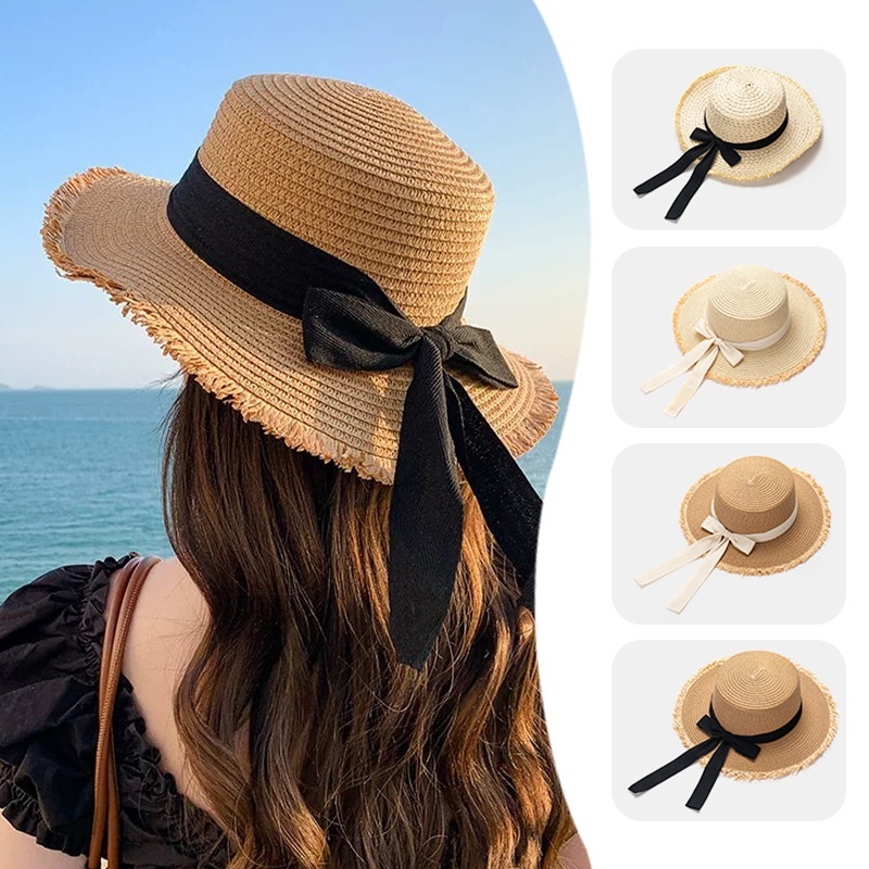 Summer Women's Big Brim Sunscreen Hat Bow Ribbon Flat Top Straw Hat Seaside Beach Holiday Travel Sun Hat Top Hat