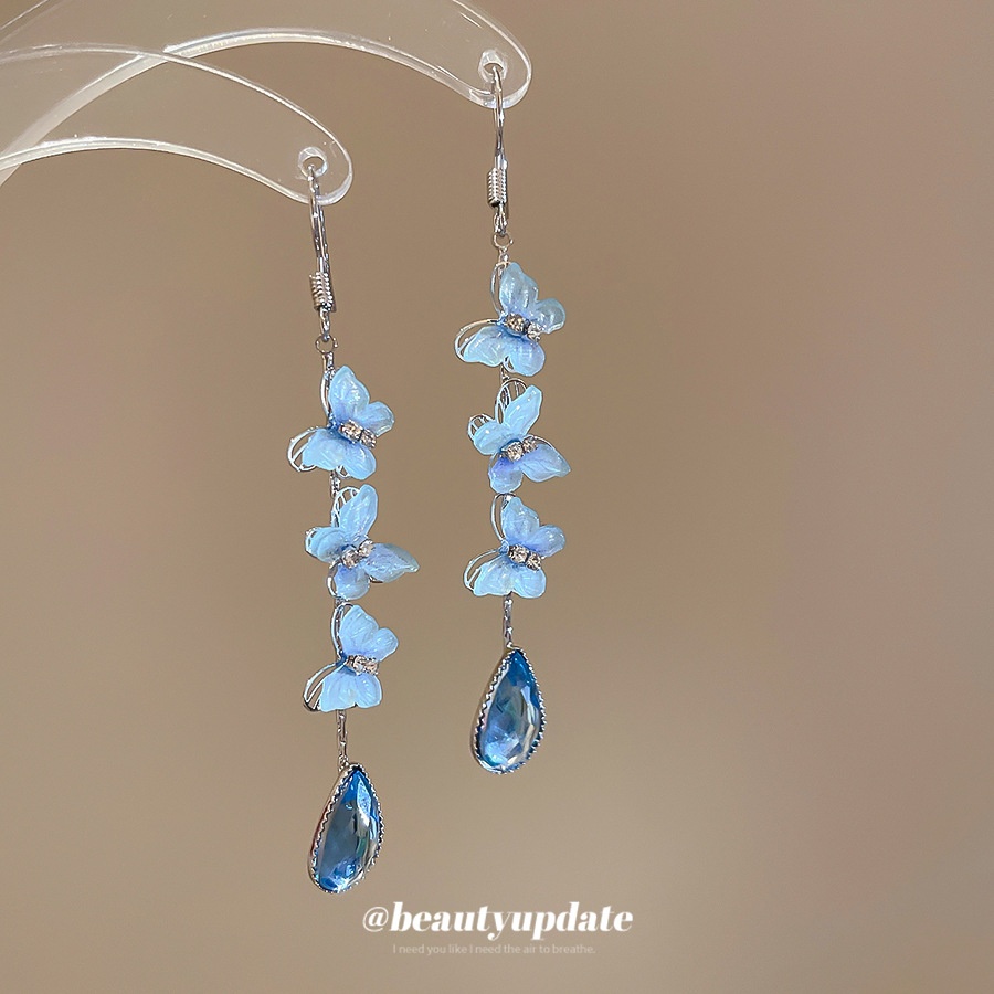 Diamond Butterfly Tassel Water Drop Earrings Summer Seaside Holiday Ear Hook Ear Drop Elegant Earrings Design Sense Niche