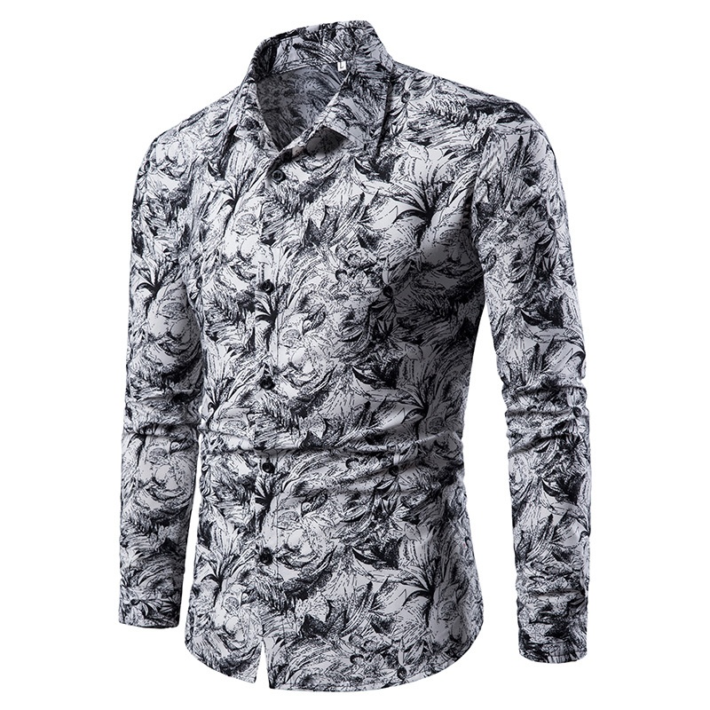 Lapel Thin Summer British Full Body Printing Men's Long-sleeved Floral Shirt