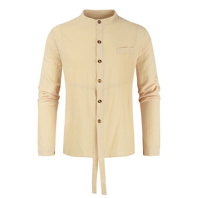 Spring Cotton And Linen Stand Collar Men's Men's Casual Loose Large Size Youth Long-sleeved Shirt