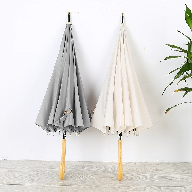 Long Handle16 Rib Umbrella Automatic Umbrella Reinforced Simple Small Fresh Wooden Handle Sunny Umbrella Advertising Umbrella Can Be Printed With