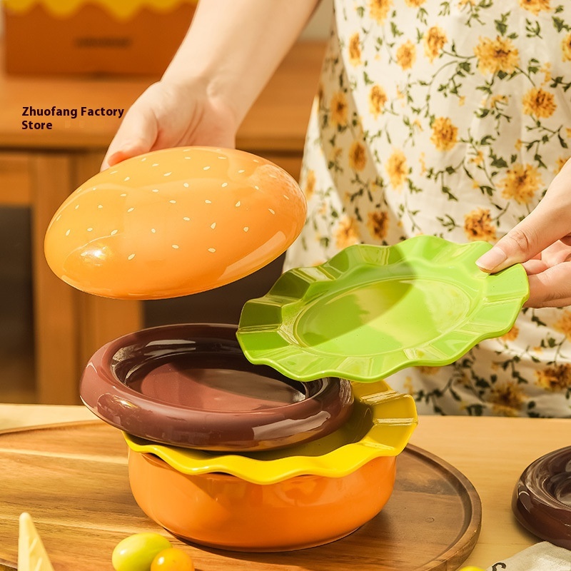 Hamburger-Shaped Plate And Bowl Set Ceramic Creative Tableware Dish Plate Dessert Plate Underglaze Color Bowl National