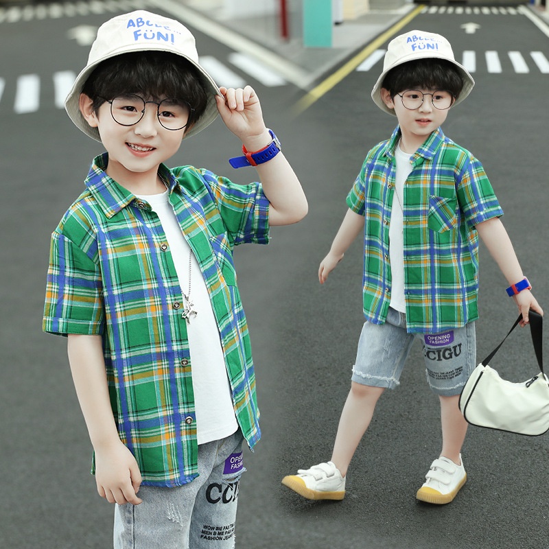 Boys'Plaid Shirt Summer Boys Handsome Thin Shirt Loose Medium And Large Children's Short-sleeved Top
