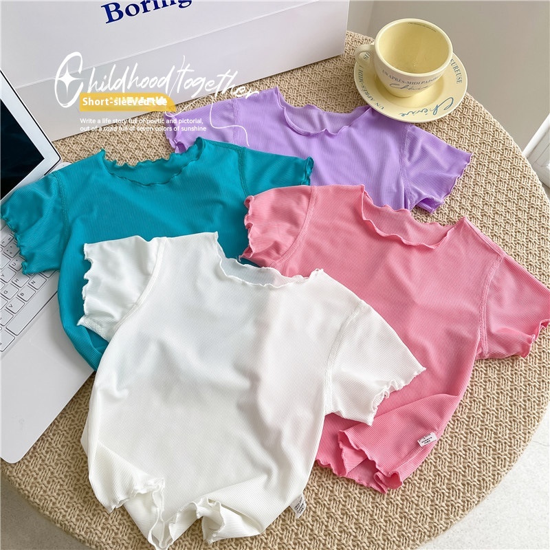 Korean Version Of Girls Summer Candy Color T-shirts For Small And Medium-sized Children,Ice Silk Lace Short Sleeves,Versatile Sisters,Wooden Ear Edge Tops