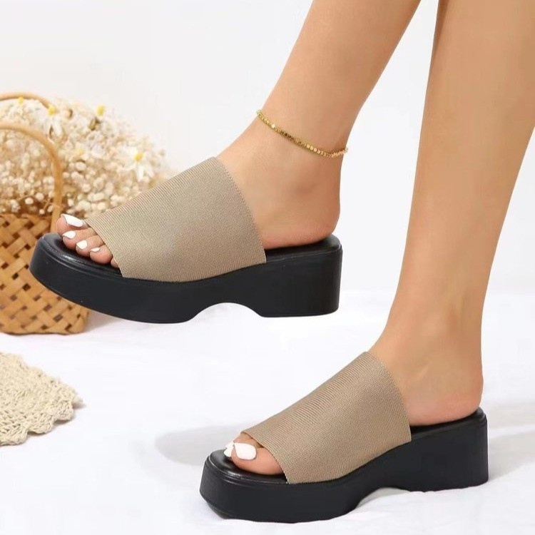 Solid Color Square Head Outside To Wear ALine Wedge Heel Platform Slippers Woman
