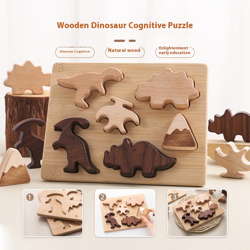 Montessori Dinosaur Puzzle Children's Educational Three-dimensional Wooden Puzzle Animal Kindergarten Baby Brain Grab Board Toy