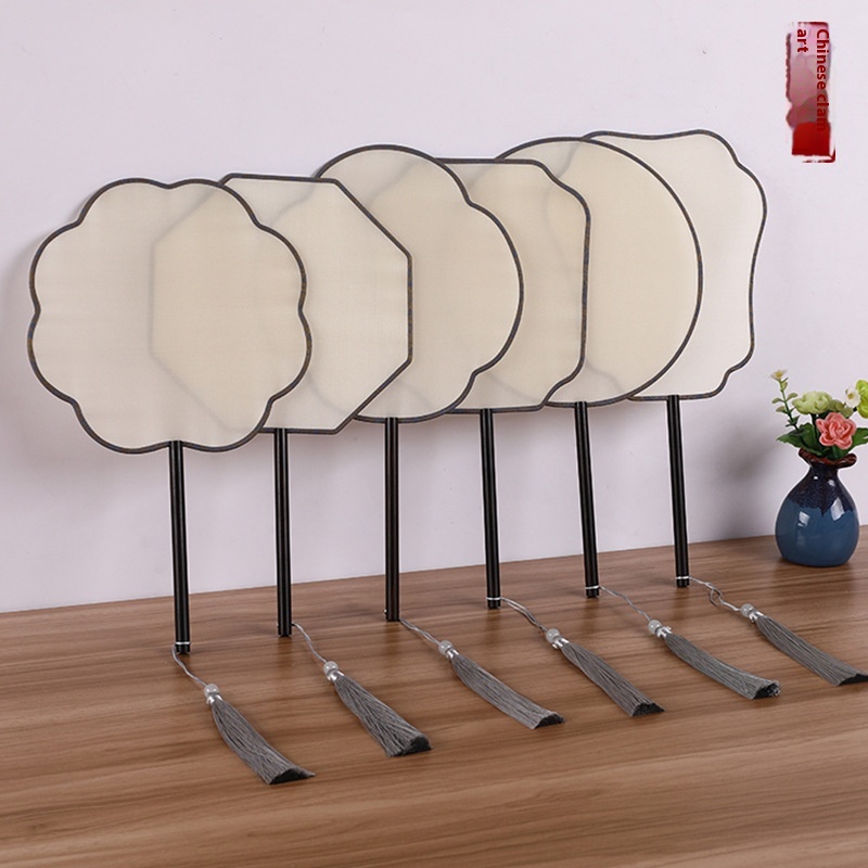 Ebony Silk Cooked Silk Blank Flower-shaped Ancient Style Round Fan Calligraphy Fine Brush Hand-painted Fan DIYHandmade