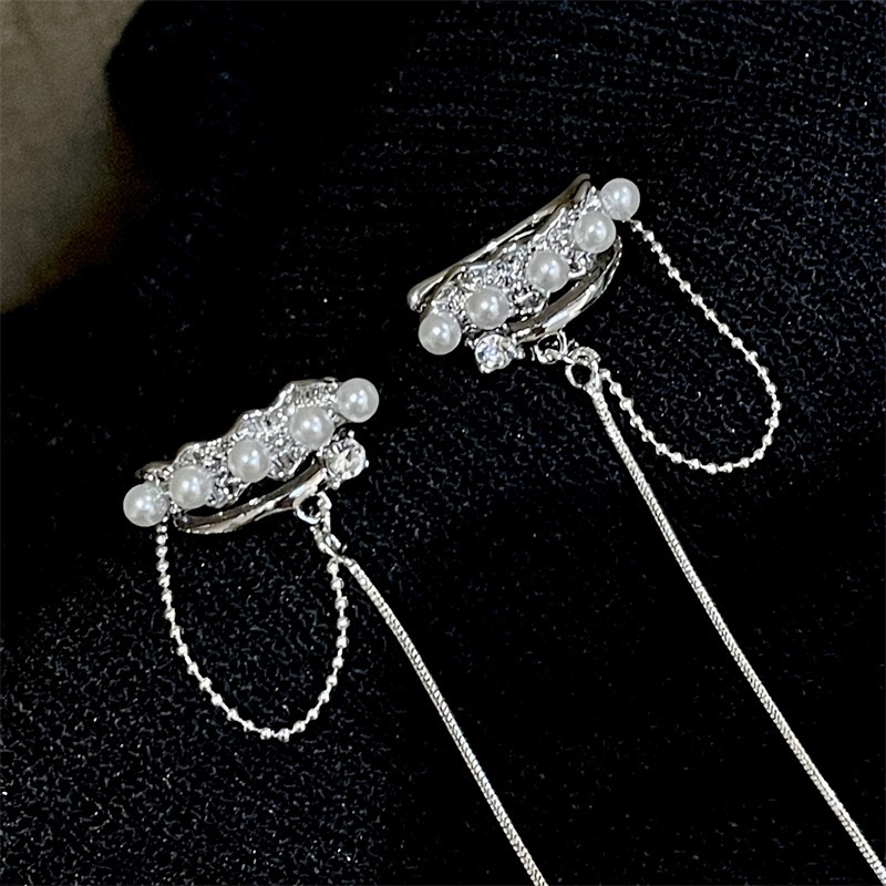 French Niche Designer Super Flash Ear Clip Long Pearl Tassel Ear Clip Light Luxury High-end Earrings