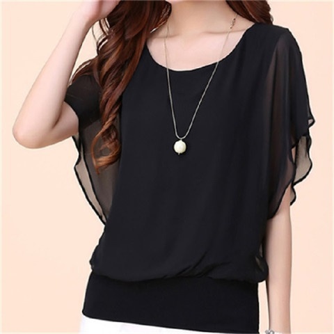 Large Size Fat Mm Bat Shirt Short-sleeved Shirt Female Summer Temperament Loose Slim Round Neck Chiffon Shirt