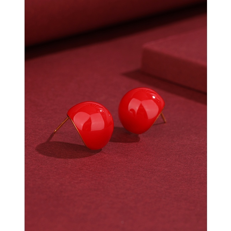 French Retro Earrings For Women Niche Design Red Dripping Oil Bean Earrings925 Sterling Silver High-end Earrings