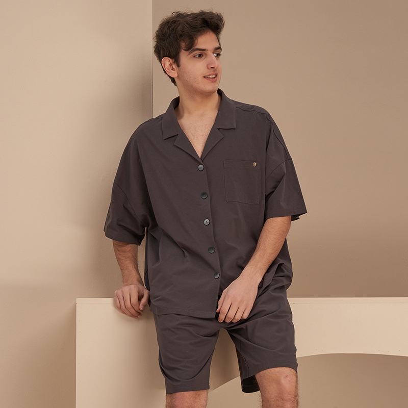 Couple Pajamas Men's Spring And Summer Short-sleeved Solid Color Hong Kong Style Retro Can Be Worn Outside Men's Pajamas Cotton Home Clothes Two-piece Suit