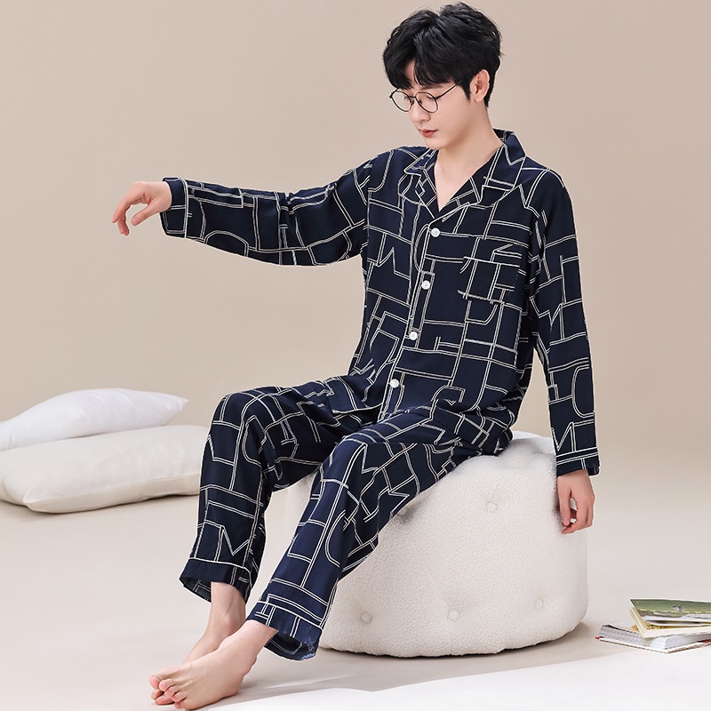 Artificial Cotton Men's Pajamas Spring And Summer Long-sleeved Trousers Suit Cotton Silk Home Clothes Casual Cardigan Pajamas