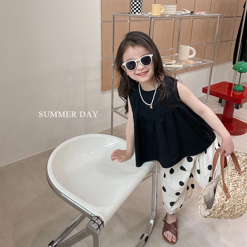 Children's Clothing Amo Beibei Girls'Polka Dot Suit Korean Version Children's Black Lace-up Top+Polka Dot Pants Two-piece Suit