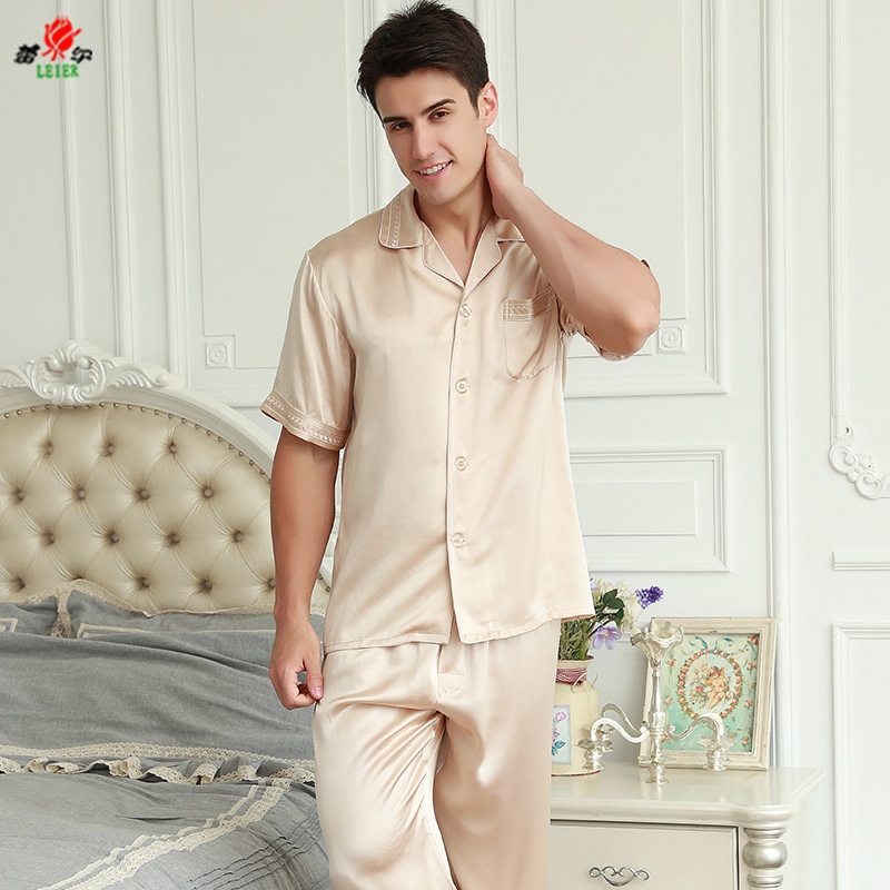 Spring,Summer And Autumn Men's Pajamas Short-sleeved Suits Classic Lapel Corner Embroidery Loose Men's Pajamas Pajamas