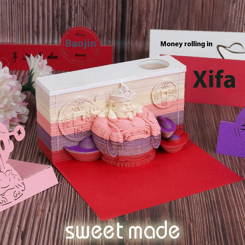 God Of Wealth Character Portrait3d Three-dimensional Note Pad Paper Brick Landscape Building Model Paper Sculpture Creative Gift Customization