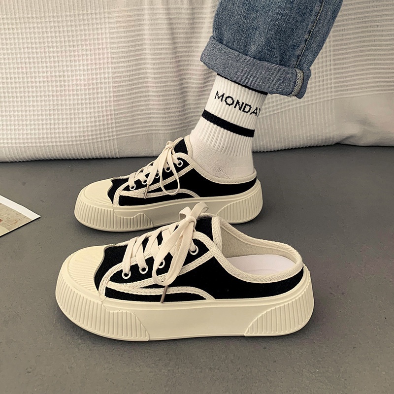 Half Slippers Canvas Shoes Women's Heel-free Slip-on Loafers Summer Versatile Casual Sneakers For Students