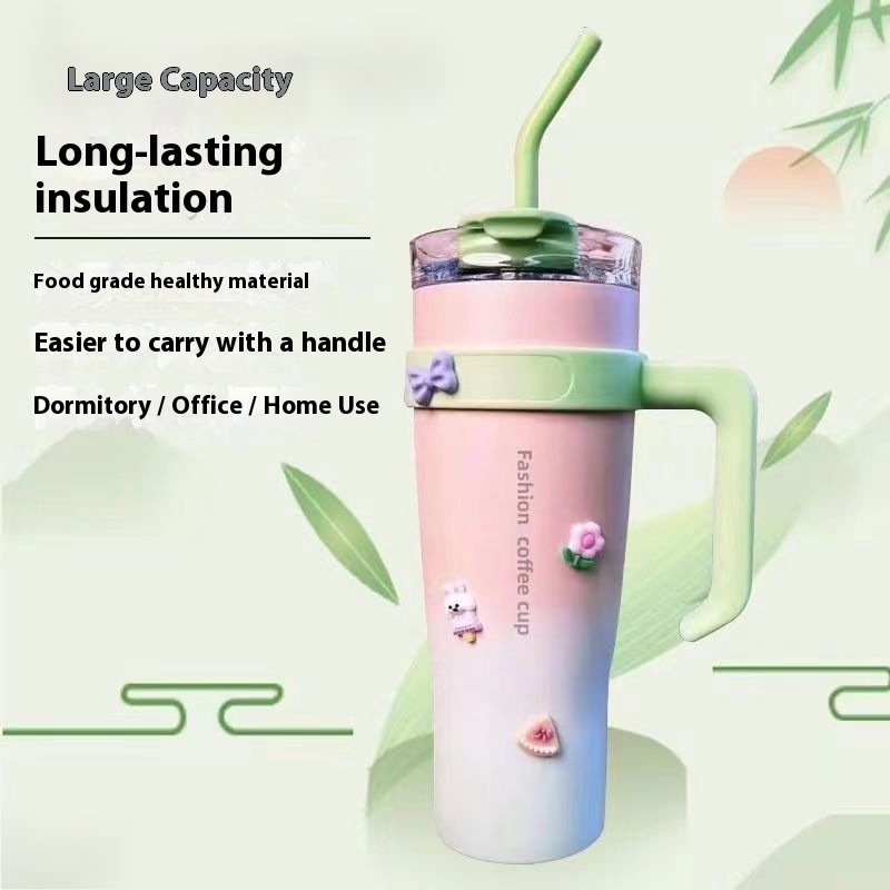 Popular Internet Celebrity Giant Vacuum Cup Handle Car Ice Cream Cup Large Capacity Portable Cold Ulation Straw Cup