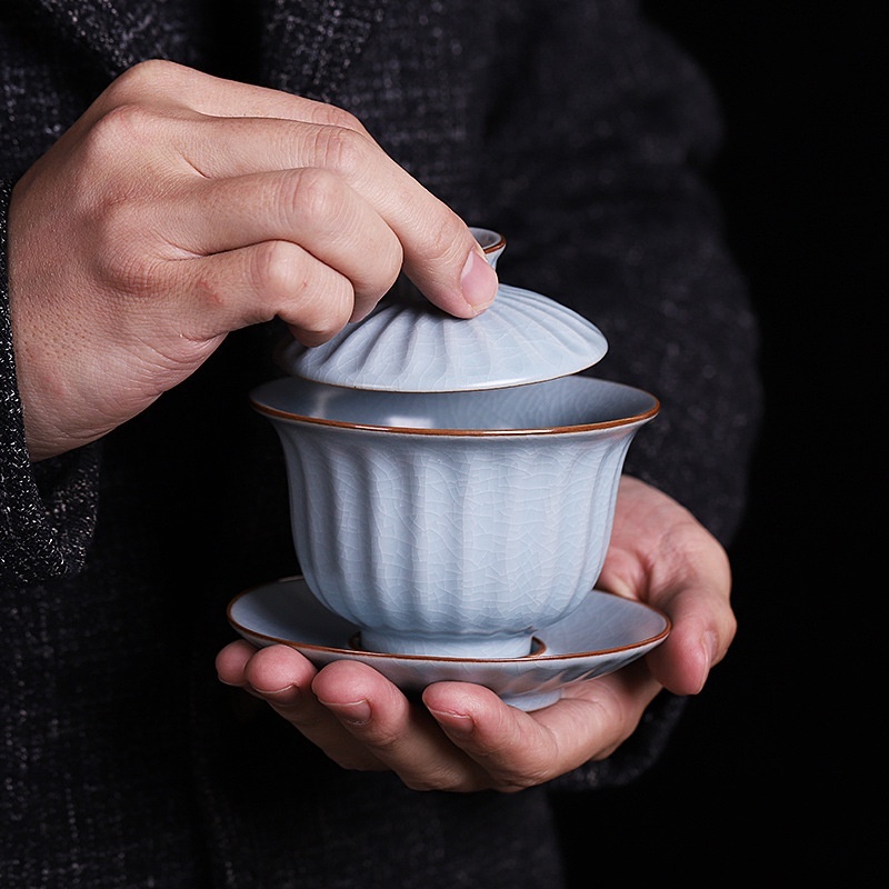 Ru Kiln Covered Tea Cup Single Crack Can Be Raised Sancai Cup Home Kung Fu Tea Ceramic Tea Set Tea Bowl Sky Blue