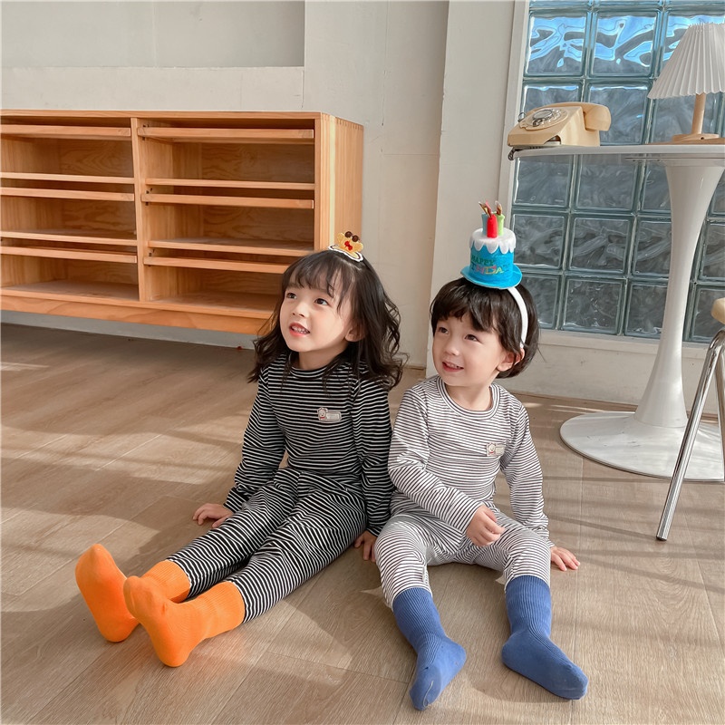 Children's Striped Velvet Home Clothes Boys Underwear Suits Girls Baby Autumn Clothes Autumn Pants Baby Children's Clothing Warm Pajamas