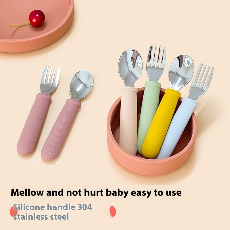 Silicone Spoon Long Handle Fork Spoon Baby Eating Training Fruit Puree Food Spoon Oblique Texture Simple Stainless Steel Silicone Spoon