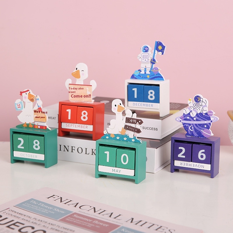 Cute Cheering Duck Happy Duck Wooden Calendar Ornaments Student Study Desk Decoration Countdown Reminder Card Desk Calendar