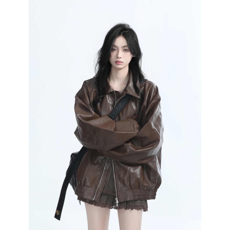 American Retro Black Leather Jacket Women's Autumn Hong Kong Style Puleather Jacket Biker Top