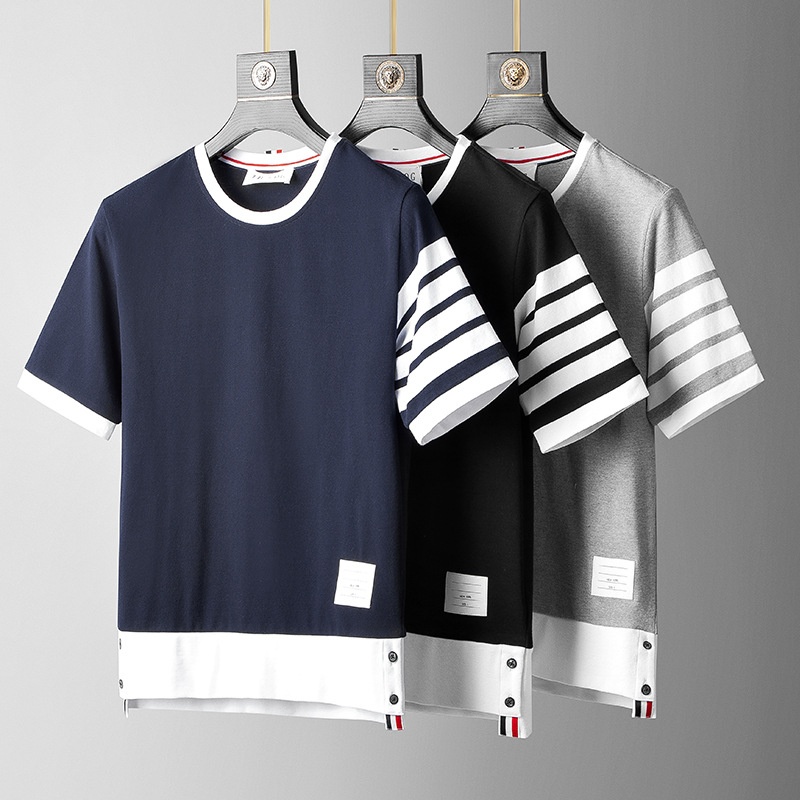 TBy Brand Half-sleeved Four-bar Striped Pure Cotton Summer Color Matching Short-sleeved T-shirt Casualy Men's Couple Outfit