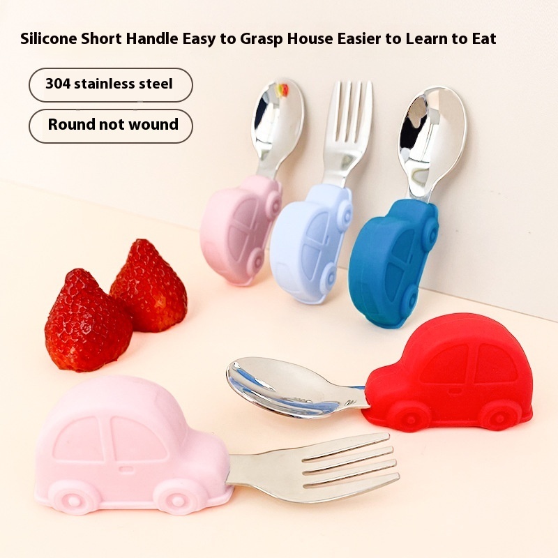 Car Baby Short Handle Food Supplement Silicone Spoon Baby Learning To Eat Training Spoon Stainless Steel Fork Spoon Food Grade Tableware