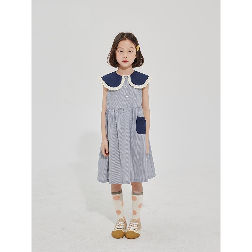 Girls Dress Summer Style Children's Blue Striped Cotton Sweet Lace Collar Stylish Sleeveless Dress