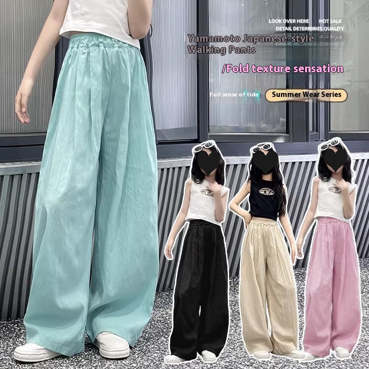 Girls Summer Wear Ice Silk Wide-leg Pants Trousers Big Children Straight Mopping Pants Girls Fashionable Yamamoto Pants Loose Casual Pants