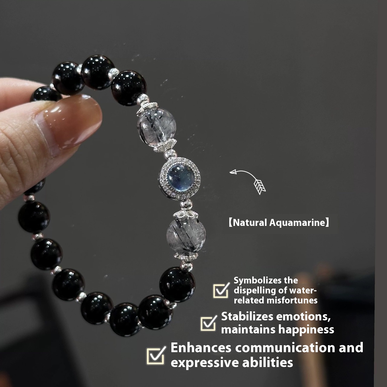 Natural Obsidian Bracelet Women's Exquisite Niche Design S925 Sterling Silver Aquamarus Transfer Bracelet Exquisite Gift