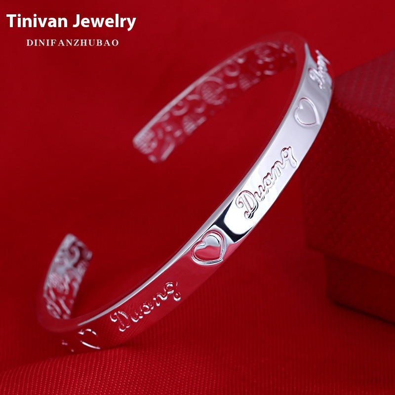 Heart-shaped English Letters Solid Silver S990 Silver Open Silver Bracelet Fashionable Simple Bracelet Women's Sterling Silver Bracelet
