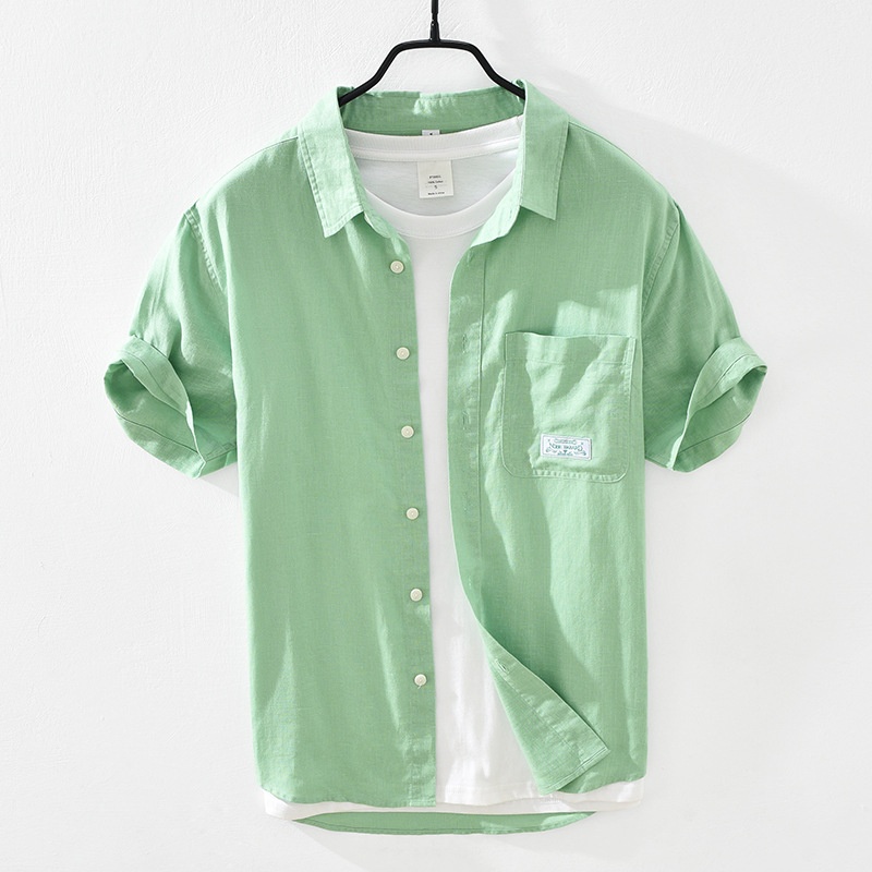 3021 Men's Casual Cotton And Linen Shirt Youth Summer Thin Short Sleeve Square Neck Breathable Linen Shirt One Piece Dery