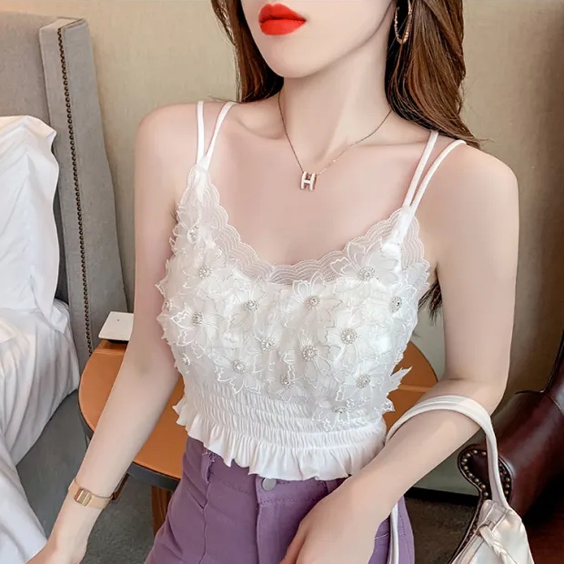 Diamond Flower Thin Camisole Women French Milky Chic Outfit Outerwear With Chest Pad Hot Girls Chest Wrap