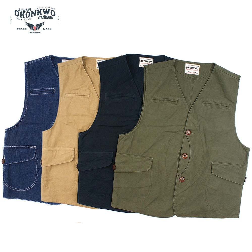 OKONKWOVintage Canvas Fishing Vest With Multiple Pockets Denim Hunting Vest Work Vest Ami Khaki